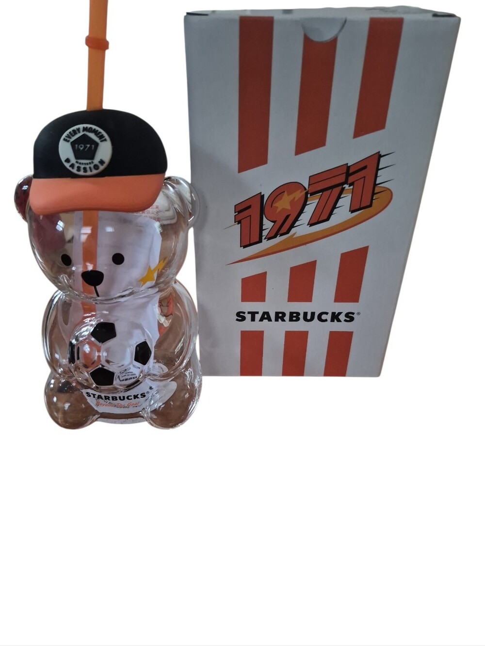 Starbucks Limited Edition 2026 Asian Release Glass Soccer Bear W/ Straw. NIB